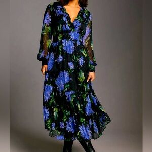 NWT Anthropology 3x THE ODETTA RUFFLED V-NECK DRESS purple motif color